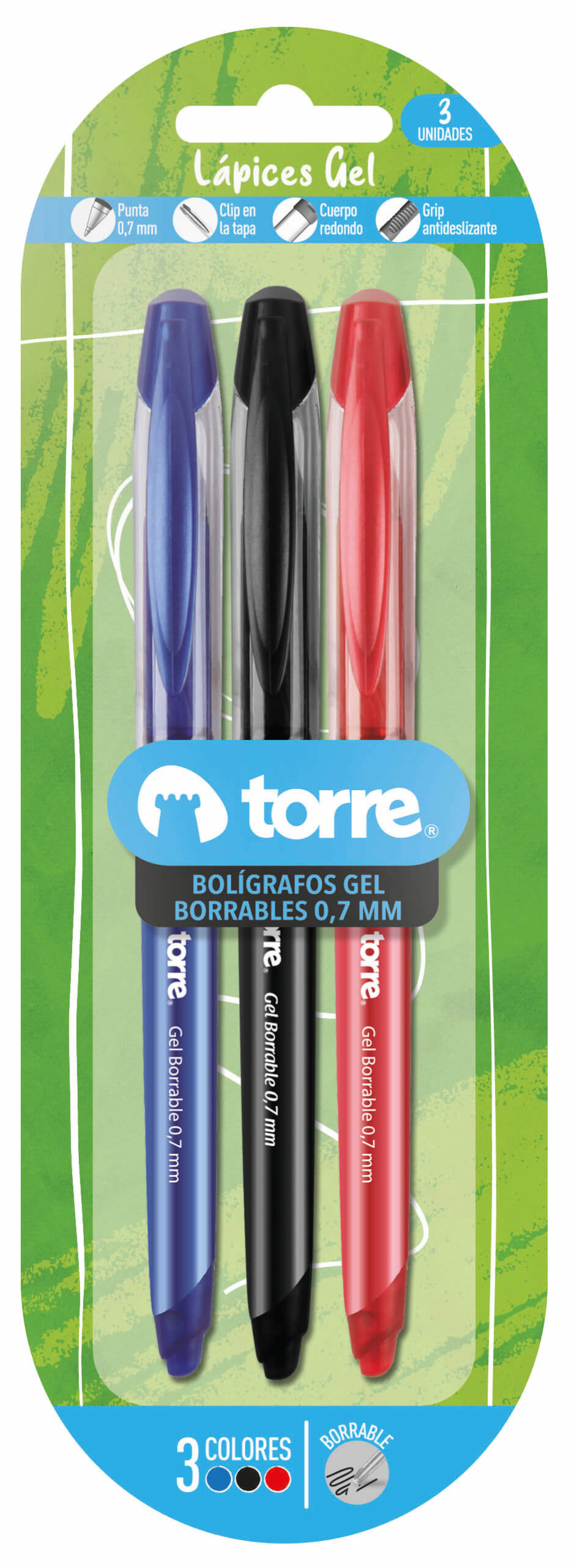 Blister 3 Boligrafos Borrable Tinta Gel 0.7 mm Negro+Azul+Rojo Kathay